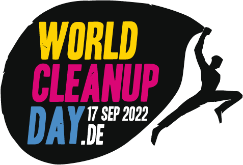 Stilisiertes Bild einer springenden Person, schwarz auf weißem Hintergrund, mit einem großen Beutel in der Hand, auf dem in bunten Farben die Worte "World Cleanup Day.de, 17. September 2022" stehen.